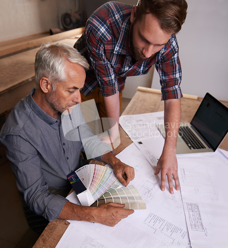 Image of Architecture, laptop and men discussing for design with collaboration in workplace of workshop. Teamwork, male people and employees with floor plan in company for construction industry in New York