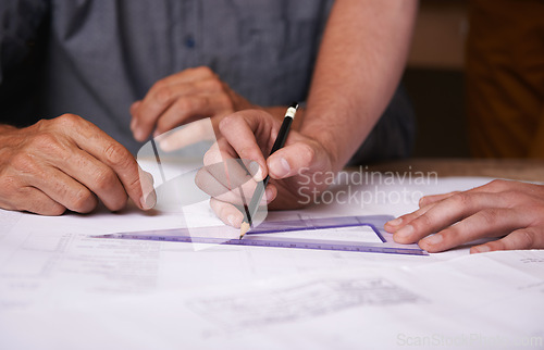 Image of Hands, pencil and architect team drawing blueprint, construction and civil engineering with stationery. Design tools, collaboration and closeup of people with floor plan for property or renovation