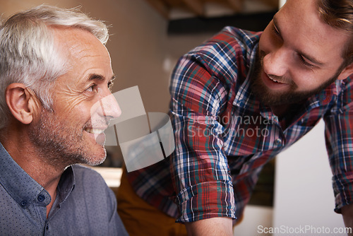 Image of Carpenter, senior father and happy son in workshop, building and family business for construction. Architecture, apprentice and mentor with man, engineer and smile of creative people bonding together