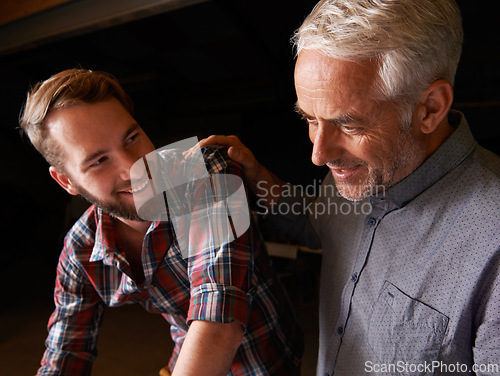 Image of Mature man, apprentice and smile to learn, work or business together for trust, teamwork or support. Manager, employee and happy to plan, collaboration and conversation for connection and knowledge