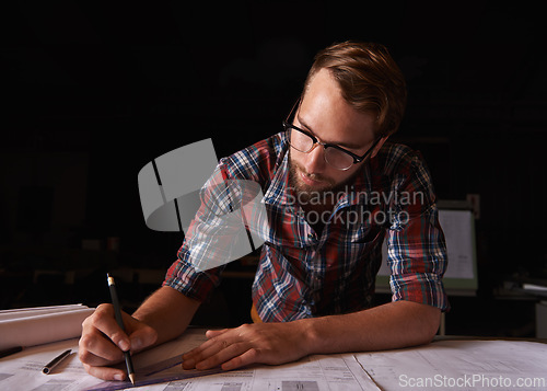 Image of Man, architect and thinking of blueprint, working and planning for construction. Architecture, building and engineering for infrastructure, design and contractor for career for remodel and measuring