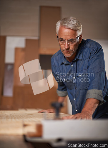Image of Carpenter, thinking or checking wood in workshop, design and planning in small business. Furniture, craft and production table with clamp for lumber or timber, sustainable and materials or tools