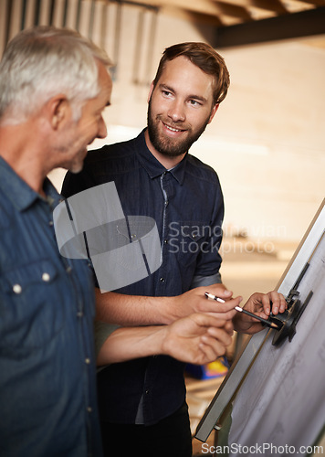 Image of Architecture, father and son with blueprint for planning project, construction or creative. Engineer, apprentice or happy mentor with design, drawing or smile of men training at workshop for building