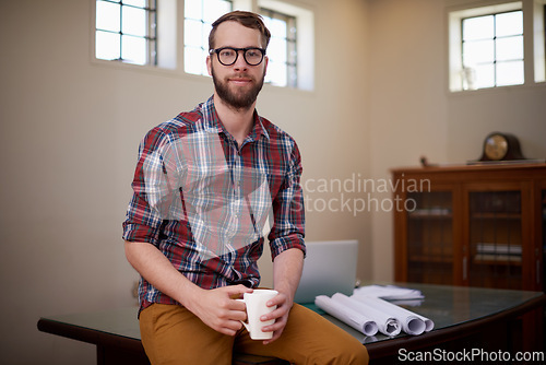 Image of Portrait, coffee and handyman with blueprint, architect and construction company with real estate. Face, employee and entrepreneur with morning tea or design for a property and engineering with ideas