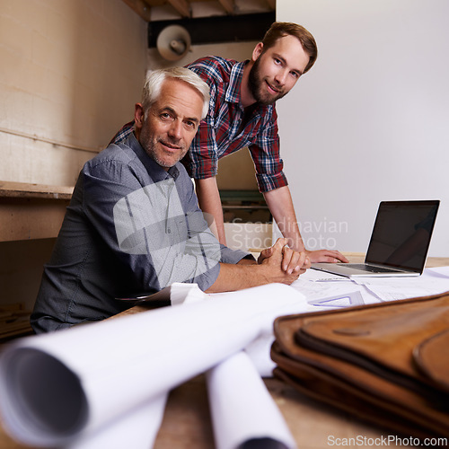 Image of Portrait, men and architecture with blueprint, laptop and teamwork for property development and carpenter. Face, people and entrepreneur with documents and startup with apprentice, industry or mentor