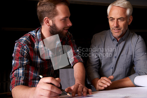 Image of Architect, team and men with blueprint, drawing or planning construction project with father teaching son. Engineer, apprentice and senior mentor with design, pencil or measure with ruler at workshop