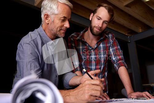 Image of Men, pencil and planning for startup, business and project as teamwork, brainstorming and meeting. Entrepreneur, mentor or apprentice for technical, communication or knowledge by professional expert