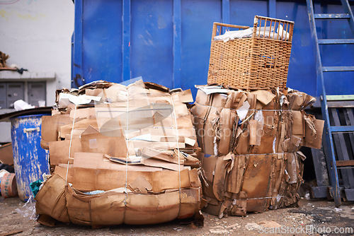 Image of Garbage, cardboard or box of trash in outdoor for waste management, recycling or rubbish in neighborhood. Community. background, organised of junk material with dump collection, litter or scrap pile