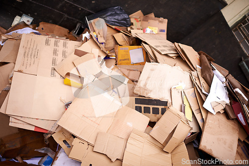 Image of Recycle, cardboard or box of garbage for waste management, junk yard trash or rubbish. Community. background or organised closeup of messy material with dump collection, outdoor litter or scrap pile