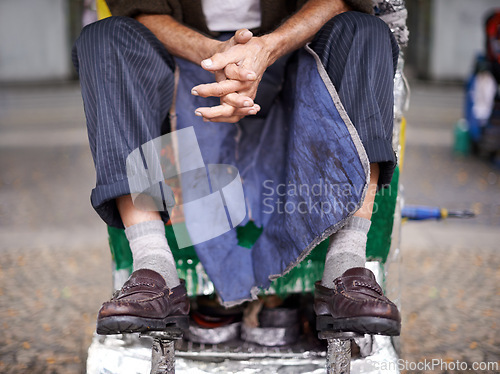 Image of Shine, shoes or legs of man in cleaning service on city street for client or customer with polish, trade or apron. Chair, waiting or feet of person in downtown Sao Paulo ready for footwear assistance