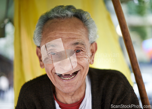 Image of Face, senior man and happy with laugh in outdoor for joy, retired and smile in street of Mexico. Closeup, male person and enjoy with fun, cheerful to relax for journey, positivity and wellbeing