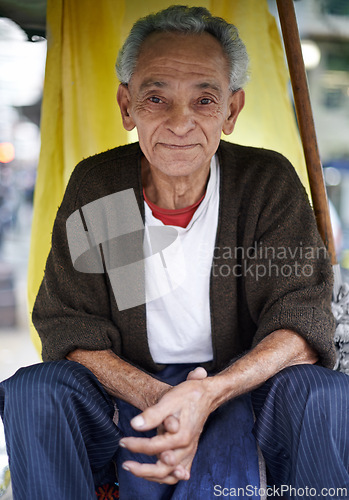 Image of Relax, outdoor and portrait of an old man in a city for peace in retirement, neighborhood or chair. Sao Paulo, resting and elderly male person in street with poverty, hardship and wisdom in Brazil