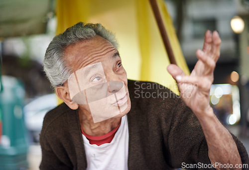 Image of Conversation, city and elderly man on journey in a neighborhood outdoor with chat and communication. Urban, sitting and senior Mexican male person with wisdom, street and road with travel and advice