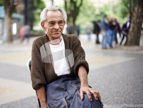 Image of Relax, thinking or old man in a chair or city for peace in retirement, neighborhood or Sao Paulo. Outdoor, resting and poor elderly male person in street with poverty, hardship and wisdom in Brazil