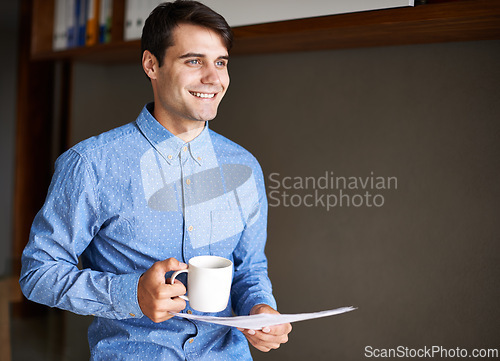 Image of Happy, documents and business man with coffee in office for ideas, brainstorming and thinking. Corporate consultant, professional and person with drink and paperwork, proposal and project report