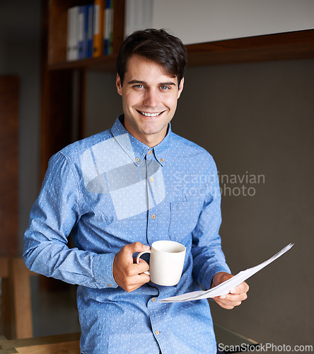 Image of Office, documents and portrait of business man with coffee for ideas, brainstorming and solution. Corporate consultant, professional and person with drink and paperwork, proposal and project report