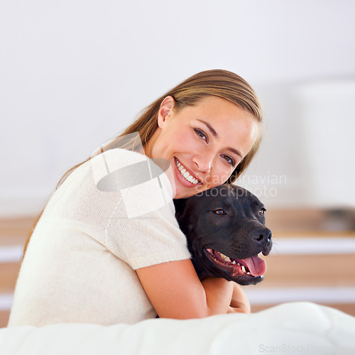 Image of Smile, portrait and woman with dog on couch for relax, love and happiness together in living room. Female person, cuddle and puppy on sofa for affection, comfort and stress relief by domestic animal