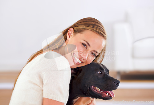 Image of Portrait, smile and woman with dog on sofa for relax, love and happiness together in living room. Female person, cuddle and puppy on couch for affection, comfort and stress relief by domestic animal