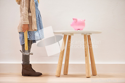 Image of Girl, hammer and piggy bank for savings or money, finance and investment for future in home. Female person, child and waiting for profit or wealth, cash growth and tool to break a money box to spend