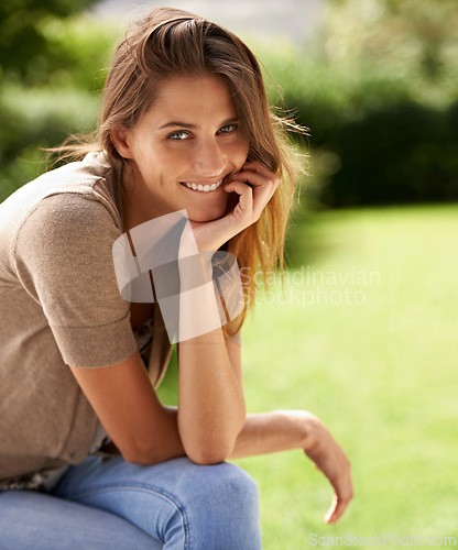 Image of Portrait, woman and happy outdoor in nature, environment and summer to relax in garden, backyard and patio. Female person, gen z girl and smile for warm weather at park, terrace and field in Mexico