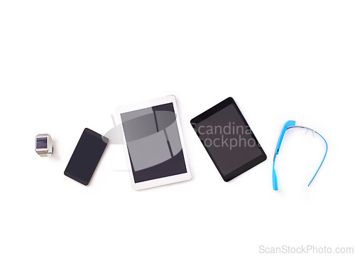 Image of Tablet, phone and white background for technology, digital and marketing as tech set for business. Mobile, display and advertise in studio, select and chosen for information screen and glasses