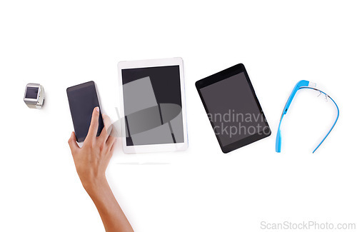 Image of Tablet, phone and white background for hand, digital and marketing as connecting set for business. Smartphone, display and advertise in studio, select and person for information technology and choose