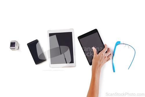 Image of Tablet, phone and white background for tech, digital and marketing as screen set for business. Smartphone, display and advertise in studio, select and person for information technology and hand