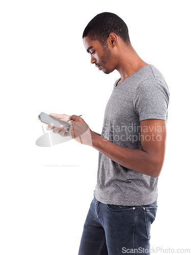 Image of Digital, pen and black man with phone in studio for art, drawing or online sketch competition on white background. Smartphone, stylus or African male model with app for artistic, design or creativity