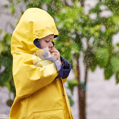 Image of Boy, nature and standing with jacket in rain for thinking, cold and sad on winter day in Australia. Young kid, childhood and development with pondering for gloomy, wet and lonely in rainy weather