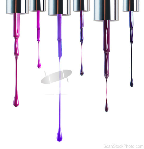 Image of Nail polish, color and brush on a white background for beauty, cosmetics and salon products. Cosmetology, luxury spa and isolated liquid, drip and purple for manicure, pedicure and pamper in studio