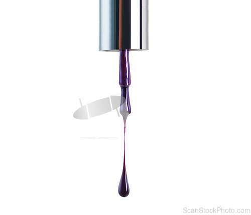 Image of Purple, color and drip for product, nail art and cosmetic with white backdrop for manicure, beauty and paint. Bold and painting for liquid or acrylic for pedicure, gel and vibrant for shine