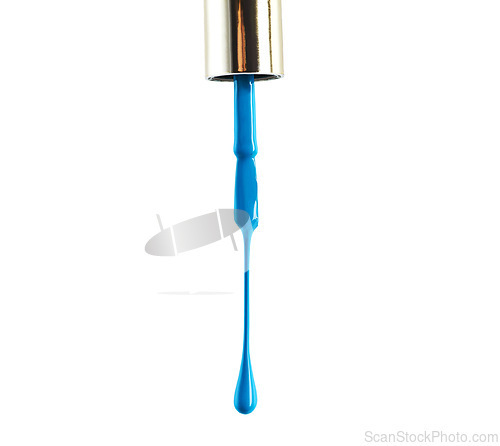 Image of Nail polish, blue and drop drip in studio for manicure or pedicure, art or design and application for hands and feet. Closeup, cosmetic product and brush for color or coating for beauty and fashion.