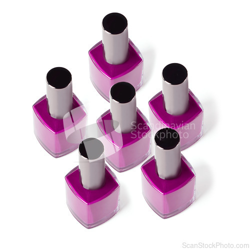 Image of Nail polish, purple and bottle on a white background for beauty, cosmetics and salon products. Cosmetology, luxury spa and isolated container with paint for manicure, pedicure and pamper in studio