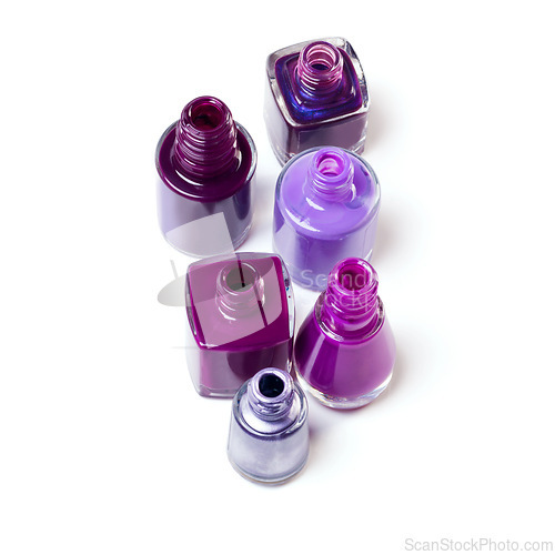 Image of Nail polish, purple color and bottle on a white background for beauty, cosmetics and salon products. Cosmetology, luxury spa and isolated jar for painting for manicure, pedicure and pamper in studio