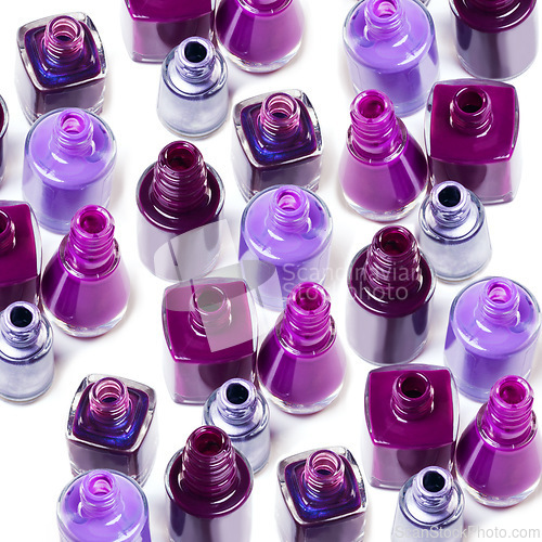 Image of Nail polish, purple aesthetic and bottle on a white background for beauty, cosmetics and salon products. Cosmetology, luxury spa and isolated color for manicure, pedicure and pamper nails in studio