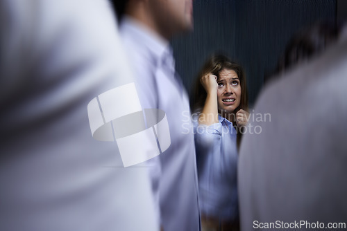 Image of Woman, people and trapped with social anxiety at work with stress, scared and overthinking with concern. Female person, coworkers and crowd with worry for deadline at office and stuck at office