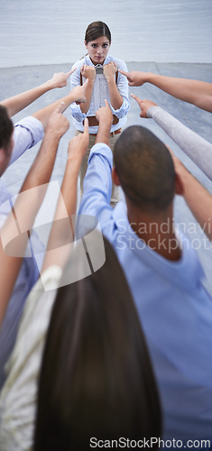 Image of Woman, finger pointing and stress at work with coworker doubt in fear, scared and anxious. Female person, supervisor and worried with blame from colleague at office with clipboard for deadline.