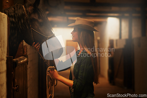 Image of Cowgirl, happy and woman with horse at barn or stable in Texas for recreation. Western, animal and smile of person at ranch with pet or stallion for hobby with care for livestock at equestrian farm