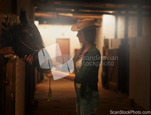 Image of Cowgirl, smile and woman with horse at stable or barn in Texas for recreation. Western, animal and happy person at a ranch with pet, friendship and stallion for hobby with care at equestrian farm