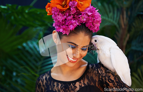 Image of Jungle, parrot or woman with flowers for beauty, natural cosmetics or wellness in nature aesthetic. Happy, Indian person or model with eco friendly skincare, bird or spring dermatology floral art