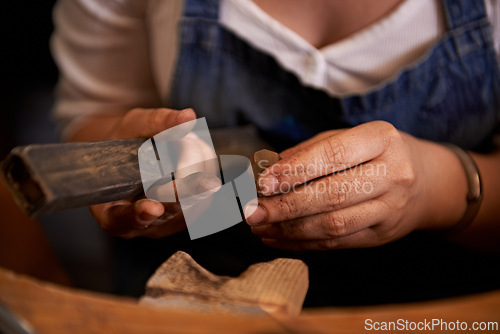 Image of Woodworking, industry and hands of woman in workshop for creative project or sculpture. Artisan, industrial and closeup of female carpenter manufacturing products in studio for small business.