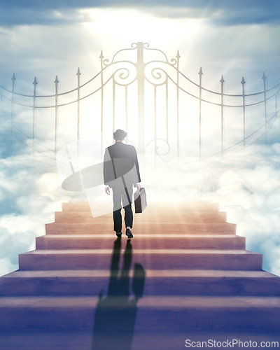 Image of Businessman, staircase and light to guide to heaven or eternity for afterlife, salvation and paradise. Medieval, ancient and steps for spiritual journey or path, walkway and freedom to beyond.