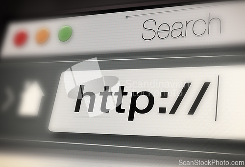 Image of Closeup, web and url of search bar on computer screen for information, worldwide surfing and server. Homepage, html and webpage address for browsing, research download and online portal on internet