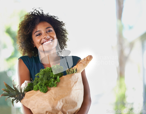 Image of Smile, paper bag and portrait of woman with groceries for dinner, lunch or supper at home. Happy, healthy and young female person with fresh, organic or nutrition ingredients for diet at house.