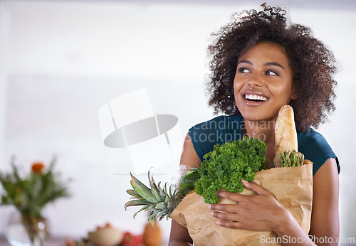 Image of Smile, paper bag and young woman with groceries for dinner, lunch or supper at home. Happy, food and female person with fresh, organic or nutrition ingredients for healthy diet at modern house.