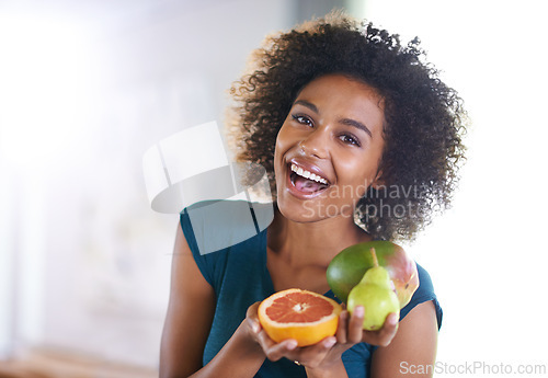 Image of Happy, health and portrait of woman with fruit for fresh, organic or nutrition snack for diet. Smile, wellness and young female person with produce ingredients or groceries at modern apartment.