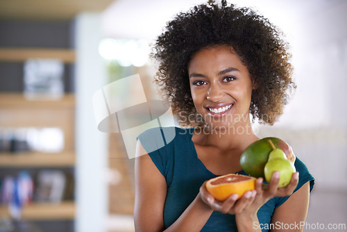 Image of Smile, health and portrait of woman with fruit for fresh, organic or nutrition snack for diet. Happy, wellness and young female person with produce ingredients or groceries at modern apartment.