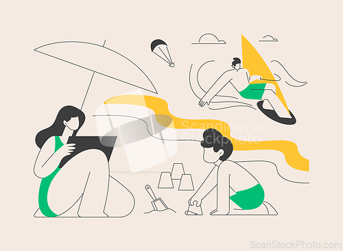 Image of Summer beach activities abstract concept vector illustration.