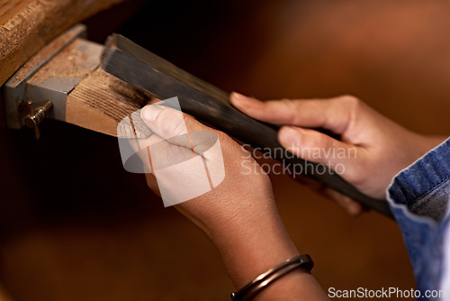 Image of Woodworking, industry and hands of woman in workshop for creative project or sculpture. Artisan, industrial and closeup of female carpenter manufacturing products in studio for small business.