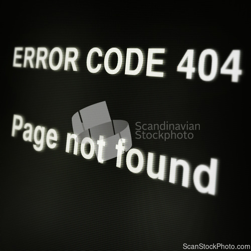 Image of Website, 404 and search error on computer screen with information code, worldwide surfing mistake and wrong link. Homepage, html and webpage with closeup, research download and online portal glitch